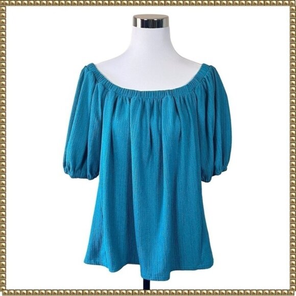 Anthropologie Elodie Turquoise Puff Sleeve Off Shoulder Top Large - Picture 2 of 12